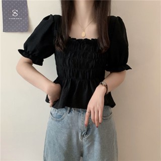 French Style Shirt Womens Design Sense Niche Top 2021 Summer New Style Elegant Tight Waist Sweet Puff Sleeve Trendy Small Shirt