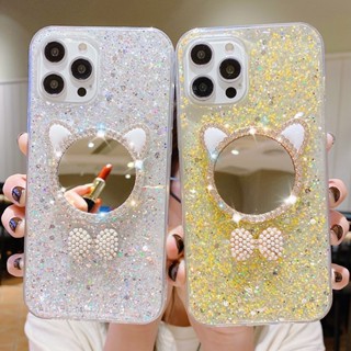 เคสโทรศัพท์มือถือ แบบนิ่ม ลายแมว มีกระจกแต่งหน้า สําหรับ OPPO A17 A17K A15 A16 A3S A5S A12 A53 A54 A55 A74 A5 A9 2020 A72 A92 A36 A76 A96