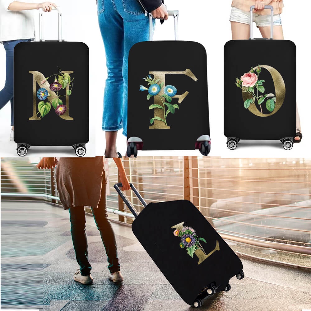 ผ้าคลุมกระเป๋าเดินทาง แบบยืดหยุ่น ป้องกันฝุ่น พิมพ์ลายตัวอักษร ดอกไม้ สีทอง สําหรับรถเข็น ขนาด 18-25 นิ้ว