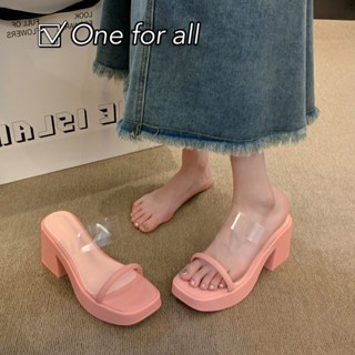 One for all พร้อมส่งจากไทย TX466 รองเท้าแตะส้นสูง สูง 9 cm หนัง PU ส้นหนา หัวสี่เหลี่ยม เบาใส่สบาย แฟชั่นสำหรับผู้หญิง