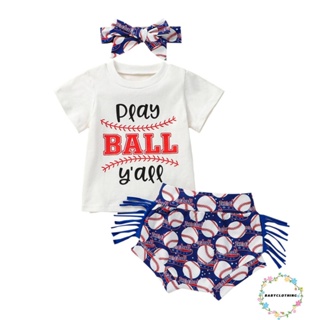 Babyclothes- ชุดเสื้อแขนสั้น พิมพ์ลายตัวอักษร และกางเกงขาสั้น พิมพ์ลายเบสบอล แต่งพู่ แฟชั่นฤดูร้อน สําหรับเด็กผู้หญิง