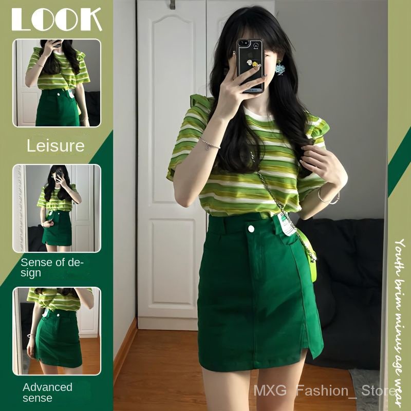 2024ชุดเสื้อแขนสั้น กระโปรง เอวสูง ลายทาง สีเขียว สไตล์เกาหลี เหมาะกับฤดูร้อน สําหรับผู้หญิง 202