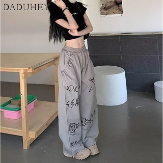 DaDuHey🎈 Womens 2023 Summer American Style High Street Hip Hop Graffiti Sweatpants Loose Wide Leg Casual Cargo Pants