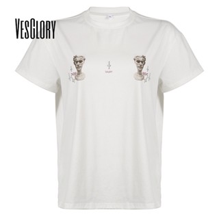 Vesglory เสื้อครอปท็อปลําลอง แขนสั้น คอกลม ทรงหลวม พิมพ์ลาย สีพื้น แฟชั่นสําหรับสตรี 2023