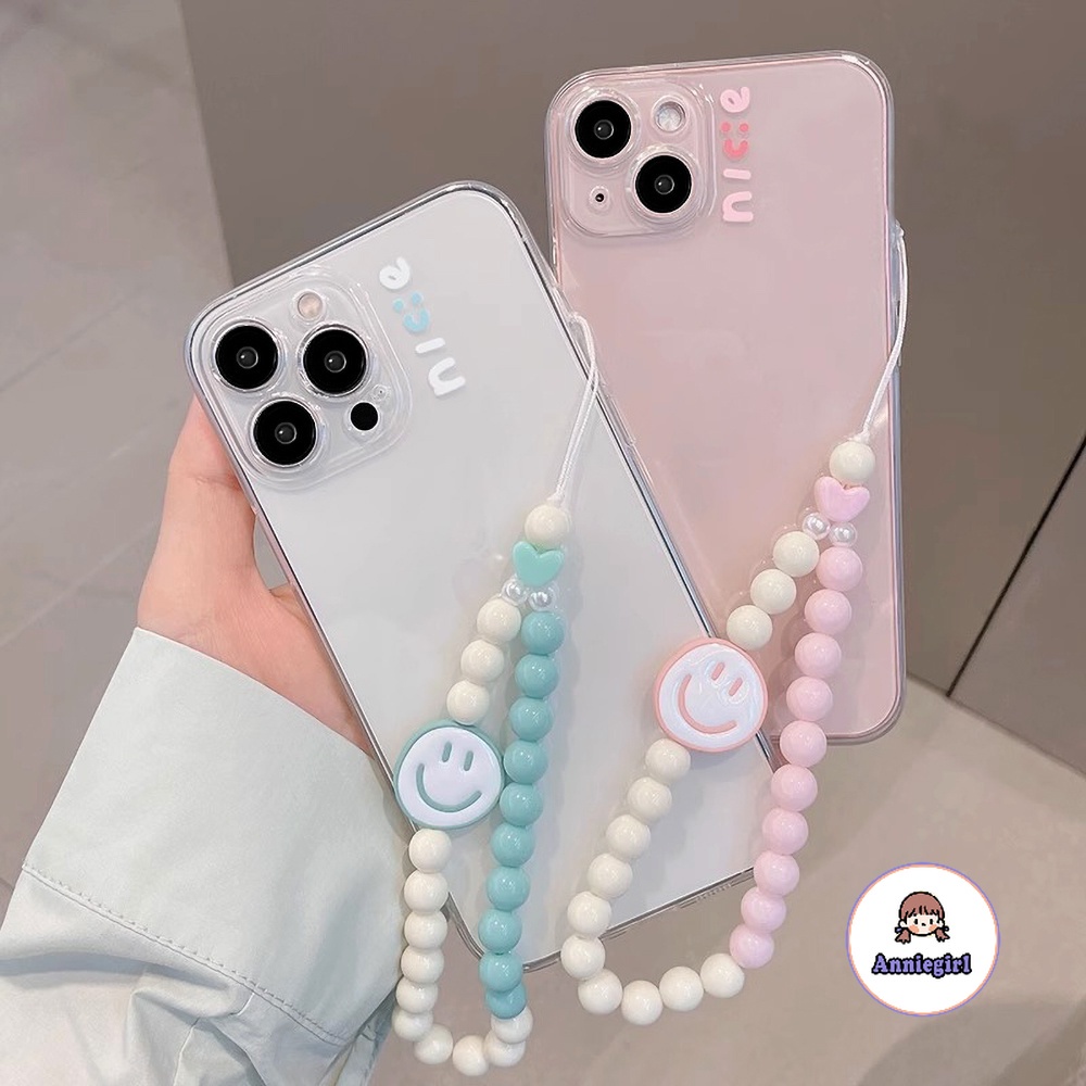 เคสไอโฟน 15 promax ใส กันกระแทก ลายหน้ายิ้ม พร้อมสายโซ่คล้อง ประดับลูกปัด สําหรับ IPhone 11 14 Pro Max 12pro 13Promax XS XR 7 8 Plus