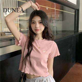 Dunea ใหม่ เสื้อยืดครอป ปักลาย ขอบบาง สําหรับผู้หญิง