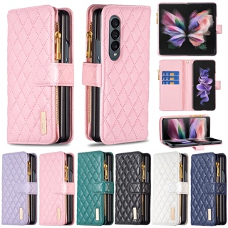 เคสโทรศัพท์หนัง ฝาพับแม่เหล็ก พร้อมช่องใส่บัตร มีซิป สําหรับ Samsung Galaxy Z Fold5 Z Fold4 Z Fold3 5G