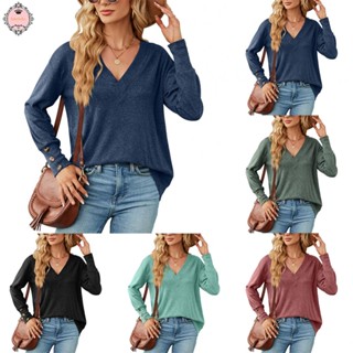 Womens V Neck Top Long Sleeve Loose Solid Button Pullover Casual T Shirt Top