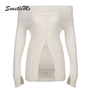 Sweeticme ใหม่ เสื้อกันหนาวลําลอง แขนยาว เปิดไหล่ สีพื้น เซ็กซี่ แฟชั่นฤดูใบไม้ร่วง สําหรับสตรี 2023