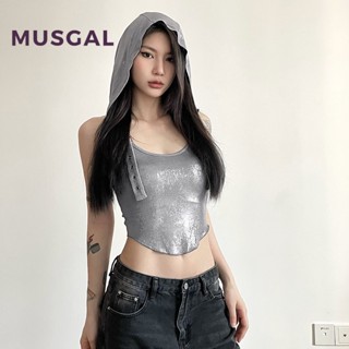 Musgal เสื้อกล้าม มีฮู้ด คอยู เปิดหลัง สีพื้น สําหรับผู้หญิง 2023