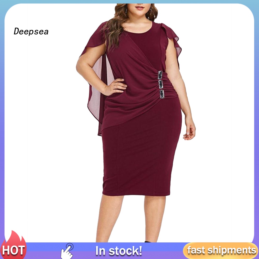 DPA ผู้หญิงสีทึบ O คอแขนกุดชีฟองไม่สมมาตร Tippet ชุดเดรสขนาดบวก