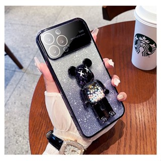 เคสโทรศัพท์มือถือแบบนิ่ม TPU ชุบไฟฟ้า พร้อมฟิล์มเลนส์ และที่ตั้งวาง รูปหมี หลากสี สําหรับ OPPO Reno10 5G Reno8 4G 7 4G Reno5 6 5G Reno7 4G