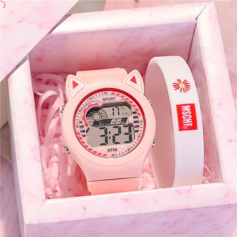 ใหม่ นาฬิกาข้อมือดิจิทัล LED สายซิลิโคนนิ่ม กันน้ํา ลายการ์ตูนหูแมวน่ารัก ของขวัญวันเกิด สําหรับเด็ก
