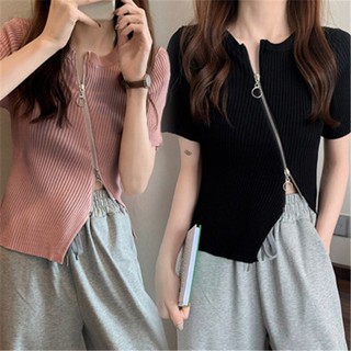 เสื้อคาร์ดิแกนกันหนาว แขนสั้น มีซิปคู่ เข้ารูป เซ็กซี่ สีพื้น สําหรับผู้หญิง