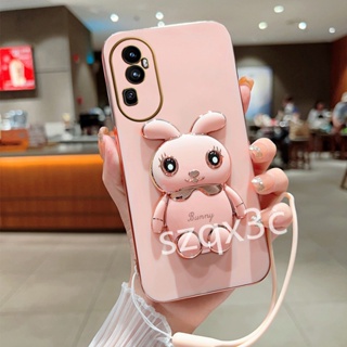 เคสโทรศัพท์มือถือซิลิโคน TPU ชุบสี ลายกระต่ายน่ารัก พร้อมสายคล้องมือ สําหรับ OPPO RENO10 Pro+ Reno 10 8 Pro Plus 5G A78 A58 4G RENO10