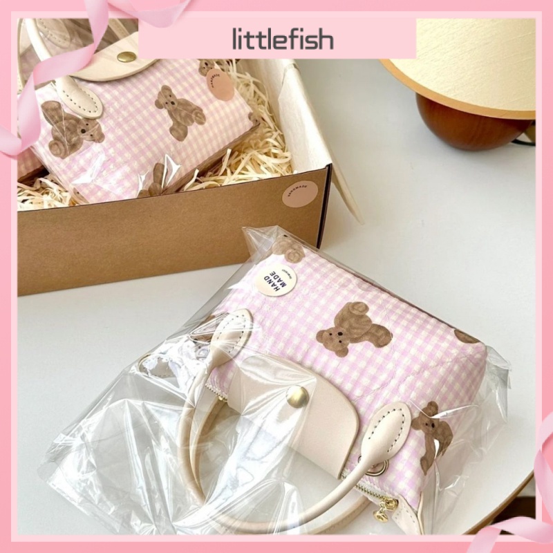 [littlefish] กระเป๋าผ้า แฮนด์เมด ลายสก๊อต หมี สีชมพู ขนาดเล็ก แบบพกพา