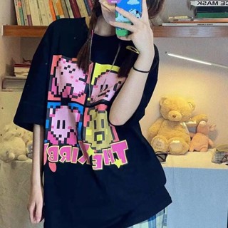 เสื้อยืดแขนสั้นลําลอง ผ้าฝ้าย แบบบาง ทรงหลวม พิมพ์ลายการ์ตูนอนิเมะ Mosaic Kirby เข้ากับทุกการแต่งกาย สไตล์ฮาราจูกุ แฟชั่นฤดูร้อน สําหรับผู้หญิง และนักเรียน