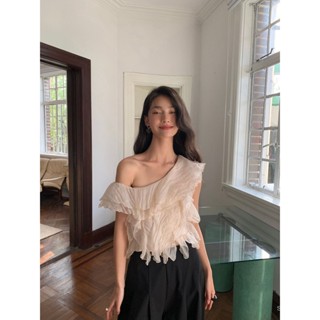 [NEW autumn] interpretation of beautiful NEW OPEN shoulder top 2023 Summer French style sweet flounced chiffon blouse 82570 6GNQ