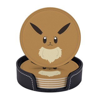 Pokemon Eevee ที่รองแก้วหนัง ทรงกลม กันเปื้อน ป้องกันน้ําร้อนลวก สําหรับร้านอาหาร ห้องครัว สํานักงาน และอื่น ๆ 6 ชิ้น