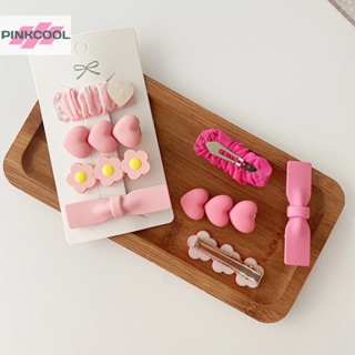 Pinkcool 4/2 ชิ้น ใหม่ เครื่องประดับผมเด็ก หวาน สีชมพู ดอกไม้ โบว์ กิ๊บติดผมเด็ก ตัดร้อน