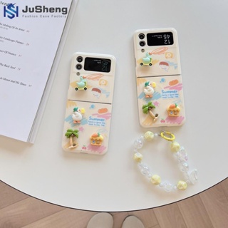 Jusheng เคสโทรศัพท์มือถือ ลายเป็ด ต้นมะพร้าว พร้อมสายโซ่คล้อง สําหรับ Samsung Z Flip4 Z Flip3