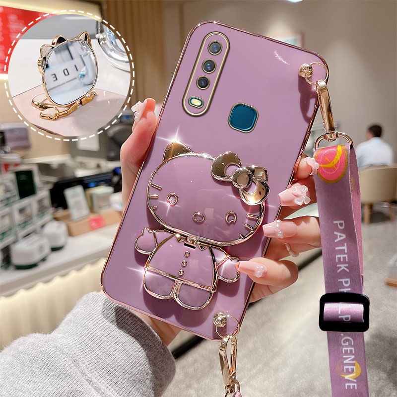 เคสโทรศัพท์มือถือ ลายการ์ตูนคิตตี้ พร้อมสายคล้อง และกระจกแต่งหน้า แฟชั่น สําหรับ VIVO Y15 Y19 Y17 Y12 Y11 Y15S Y15A Y15C Y16 Y01 Y01A Y50 Y30 Y30i