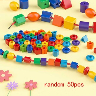 Wooden Rainbow Lacing Threading Beads Blocks Colours Shapes Children Fine Motor Training Early Learning Toy