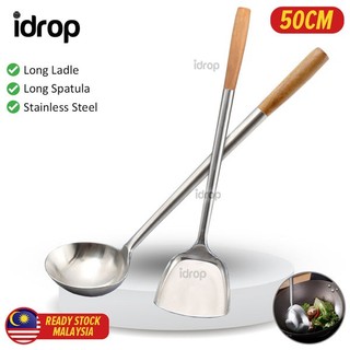 idropmy [ 50CM - 53CM ] Long Stainless Steel Wok Spatula & Ladle / Senduk & Spatula Panjang Keluli Tahan Karat