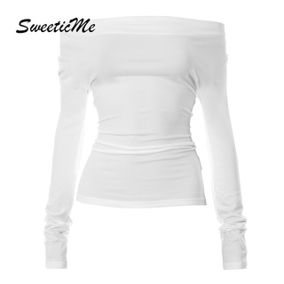 Sweeticme ใหม่ เสื้อยืดลําลอง แขนยาว เปิดไหล่ เปลือยหลัง เซ็กซี่ สีพื้น แฟชั่นสําหรับสตรี 2023