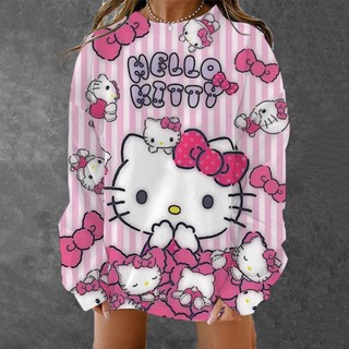 เสื้อกันหนาว ตัวยาว พิมพ์ลาย Hello Kitty อเนกประสงค์ แฟชั่นสําหรับผู้หญิง