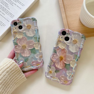 เคสโทรศัพท์มือถือ TPU กันกระแทก ลายภาพวาดสีน้ํามัน รูปคลื่น ดอกไม้ สีเขียว สําหรับ Apple IPhone 14 13 12 11 Pro Max