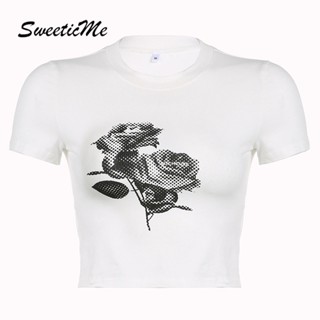 Sweeticme ใหม่ เสื้อยืดครอป คอกลม แขนสั้น พิมพ์ลายดอกกุหลาบ เข้ารูป แฟชั่นสําหรับผู้หญิง 2023