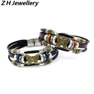 [Z H Jewelry] สร้อยข้อมือ หนัง PU สเตนเลส ประดับลูกปัดหลายชั้น สไตล์พังก์ร็อค วินเทจ ร็อค ปาร์ตี้ เครื่องประดับ สําหรับผู้ชาย และผู้หญิง