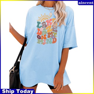 Ancent เสื้อยืดคอกลม แขนสั้น พิมพ์ลาย Lake Daze On My Mind โพลีเอสเตอร์ 30% เรยอน 65% สําหรับผู้หญิง