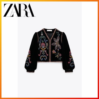 Zara ใหม่ เสื้อแจ็กเก็ตสูท ผ้ากํามะหยี่ ปักลาย สีดํา