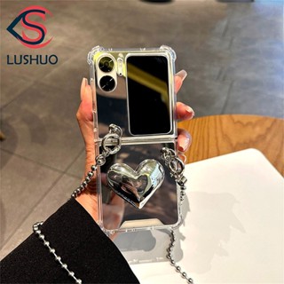 Lushuo เคสโทรศัพท์มือถือแบบกระจก ฝาพับ ลายหัวใจ 3D พร้อมสายคล้องคอโลหะ หรูหรา สําหรับ OPPO Find N2 findn2