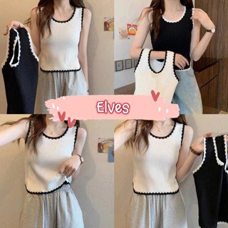 Elves✨พร้อมส่ง✨ เสื้อกล้ามไหมพรม สีขสวดำ น่ารักมินิมอล ~99086~ -C