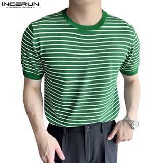 Incerun เสื้อยืดแขนสั้น ลายทาง สีตัดกัน แฟชั่นสําหรับผู้ชาย