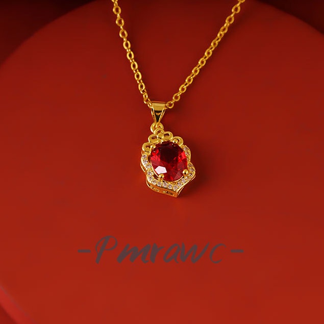 Pmrwc | สร้อยคอผู้หญิงเซอร์โคเนียมสีแดง 24K Au999 จี้ดอกไม้ทอง FS1328