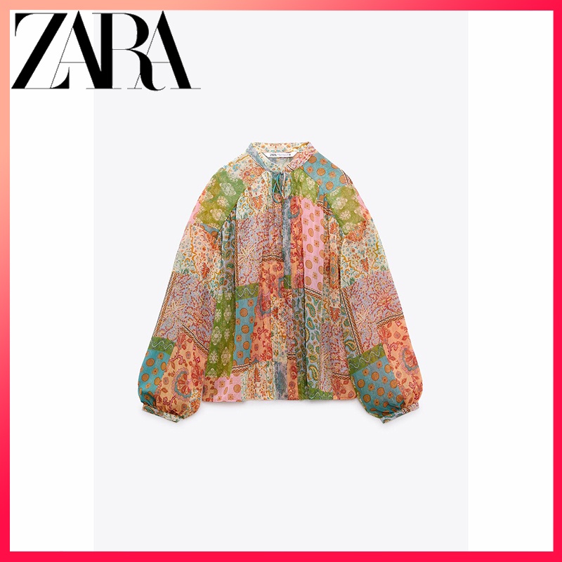 Zara เสื้อเบลาส์เสื้อเชิ้ตแขนยาวพิมพ์ลายเย็บปะติดปะต่อกันของผู้หญิงใหม่