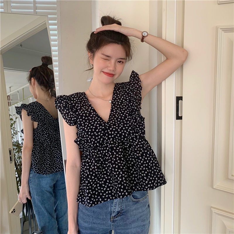 🧡Crush🧡เสื้อเชิ้ต พิมพ์ลายจุด แขนกุด สไตล์แฟชั่นเกาหลี