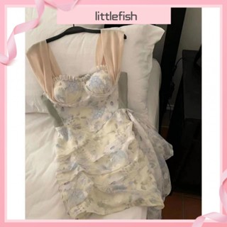 [littlefish] ชุดเดรสกระโปรงสั้น ลายดอกไม้ เซ็กซี่ เหมาะกับฤดูร้อน สไตล์ฝรั่งเศส สําหรับสตรี