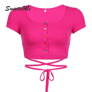 Sweeticme ใหม่ เสื้อคาร์ดิแกนลําลอง คอกลม แขนสั้น สีพื้น แฟชั่นสําหรับสตรี 2023