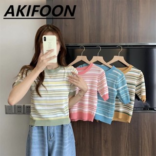 AKIFOON #91007 ​เสื้อไหมพรมคอกลม แขนสั้น ลายทางผ้านิ่มใส่สบายมากคิ้วๆ