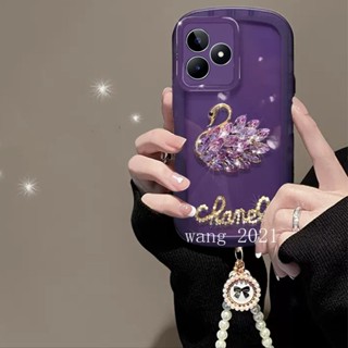 ขายดี เคสโทรศัพท์มือถือนิ่ม แบบใส ป้องกันเลนส์ ประดับไข่มุก พลอยเทียม หรูหรา พร้อมสายคล้อง สีพื้น สําหรับ Realme C53 C55 NFC 2023 RealmeC53