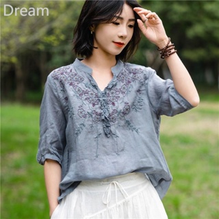 High-End Cotton and Linen Shirt Loose plus Size Womens Clothing New Summer Retro V Lace Collar Shirt Embroidered Breathable Top