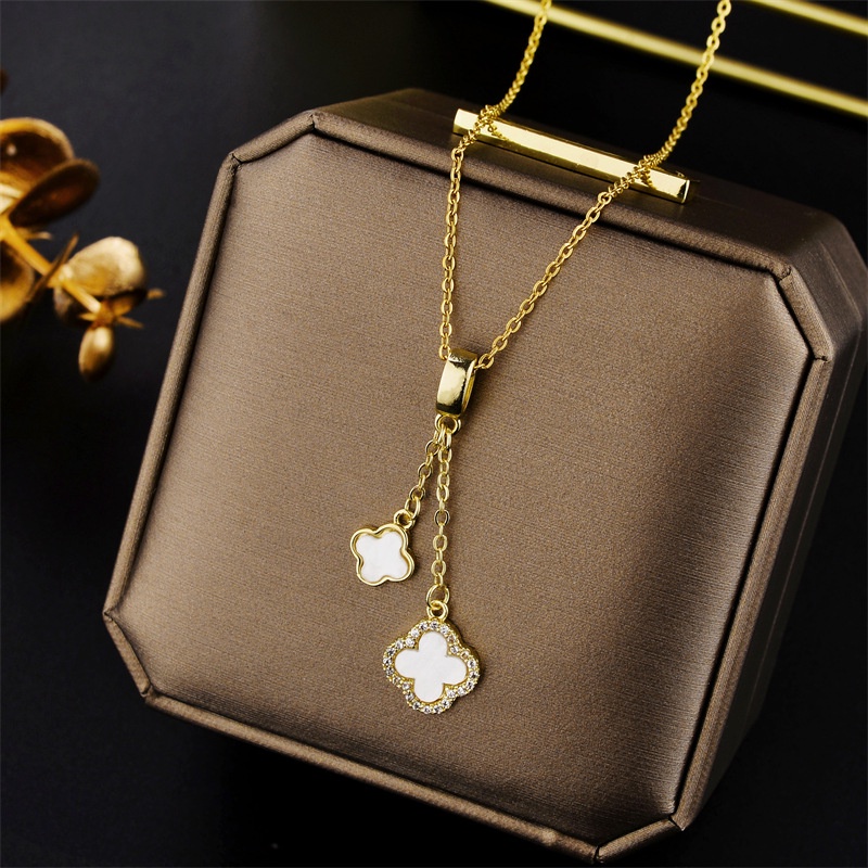 Ht Micro-Inlaid Zircon พู่ Four-Leaf Clover จี้ไทเทเนียมเหล็กสแตนเลส Clavicle Chain เครื่องประดับสาว ราคา ถูกที่สุด ดีลบีเคเค แกลเลอรีภาพที่ 3