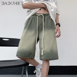 DaDuHey🔥 2023 Summer American Fashion Loose Street Sports Denim Shorts Mens Vibe Style Straight Drawstring All-Match Cropped Pants