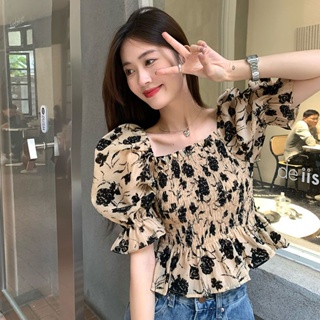 Womens Short-sleeved Chiffon Shirt 2023 Summer Thin Tight Waist Slimming Belly Covering Ruffled Puff Sleeve French Square Collar Top