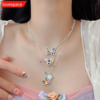 Lovespace สร้อยคอโซ่เงิน จี้ผีเสื้อ ประดับพลอยเทียม หลากสี เครื่องประดับสตรี Q7T2